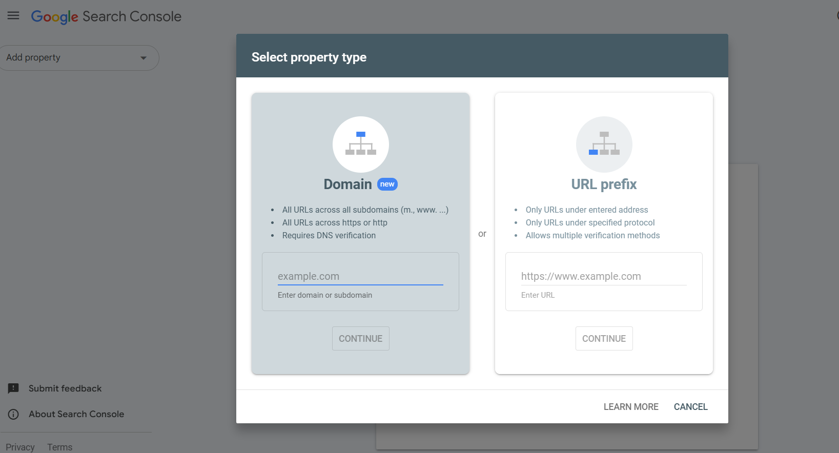 Google Search Console Home page