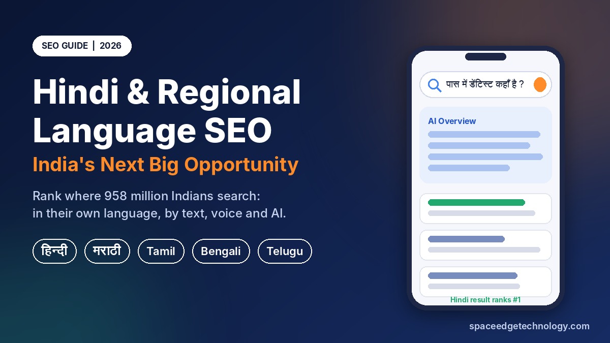 Regional language SEO in India showing Hindi, Tamil, Bengali and Marathi search queries on a smartphone